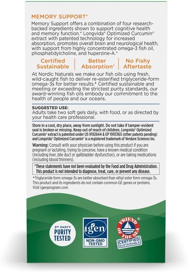 Nordic Naturals Memory Support with Curcumin - 60 Soft Gels - 1000 mg Omega-3 + 400 mg Optimized Curcumin - Memory