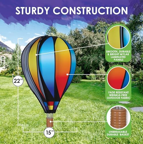 Hot Air Balloon Hanging Garden Spinner 22" - Vibrant Sunset Gradient Design, Weather-Resistant Outdoor Decor, Durable & Lightweight for Patios, Yards