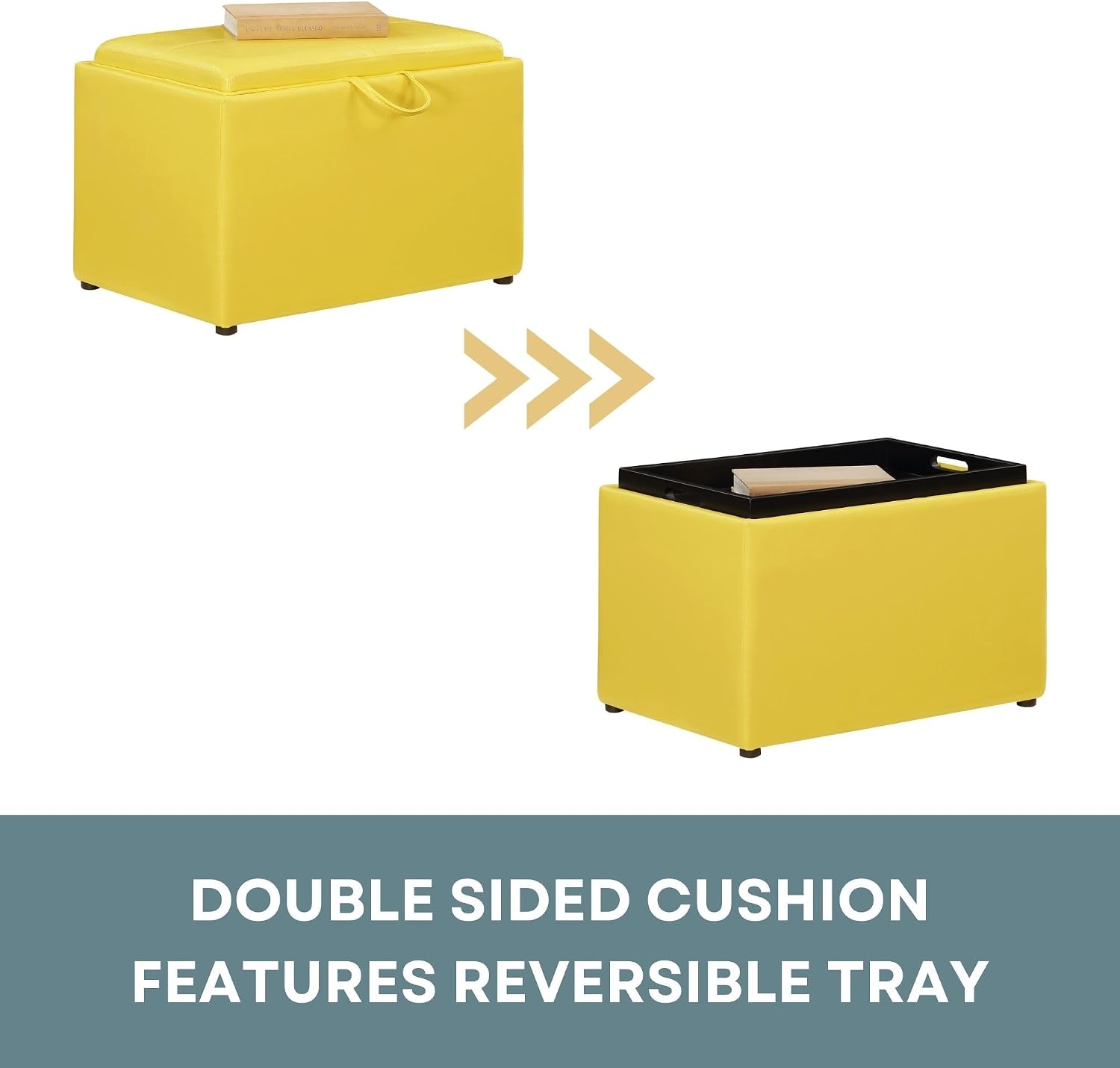 Convenience Concepts Designs4Comfort Accent Storage Ottoman 22.75" - Modern Foot Stool with Decorative Tray for Living Room, Dining Room, Office, Blue Faux Leather