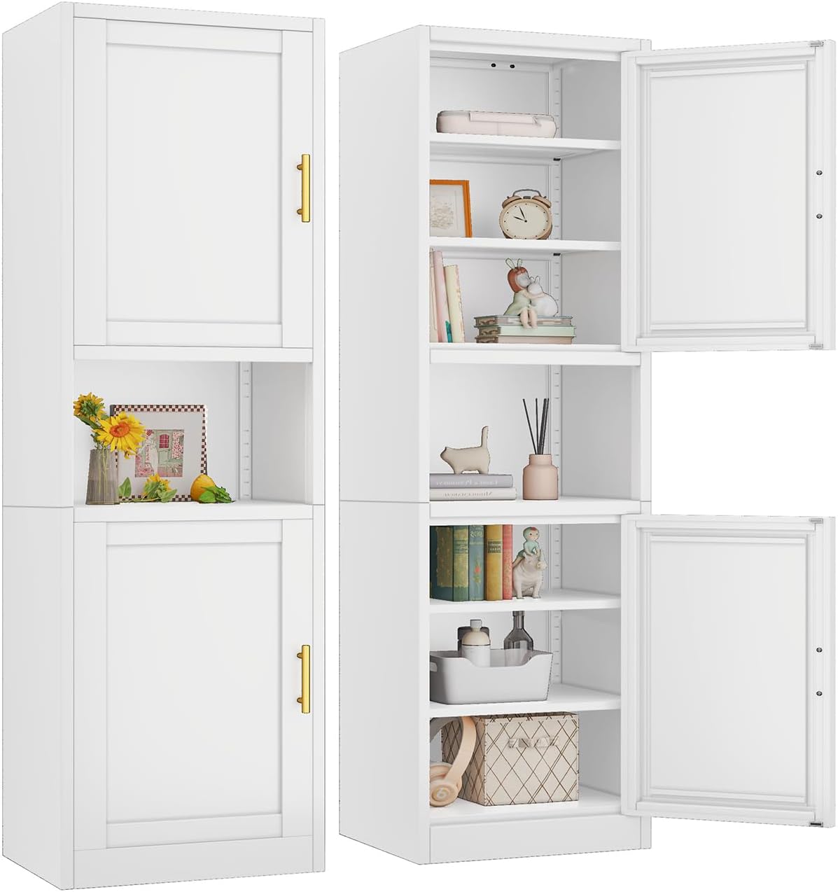 pozdeg 67" Tall Narrow White Metal Storage Cabinet | 2 Doors, 4 Adjustable Shelves, Freestanding Slim Pantry Organizer for Bathroom Kitchen Living Room