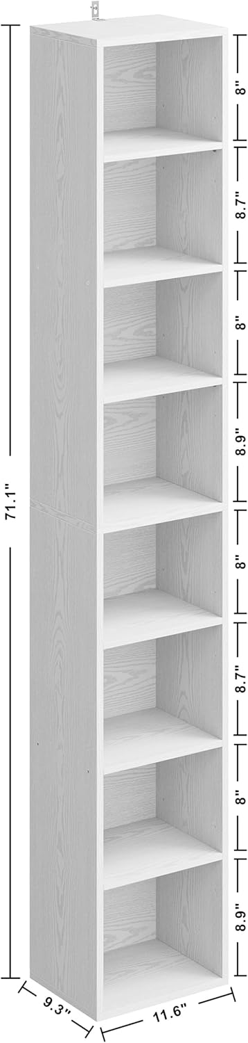 IRONCK Tall Narrow Bookshelf 8 Tiers, Compact Corner Bookcase, Floor Standing Display Storage Shelves 71 in Tall, Easy to Match for Living Room, Office, Study, Bedroom