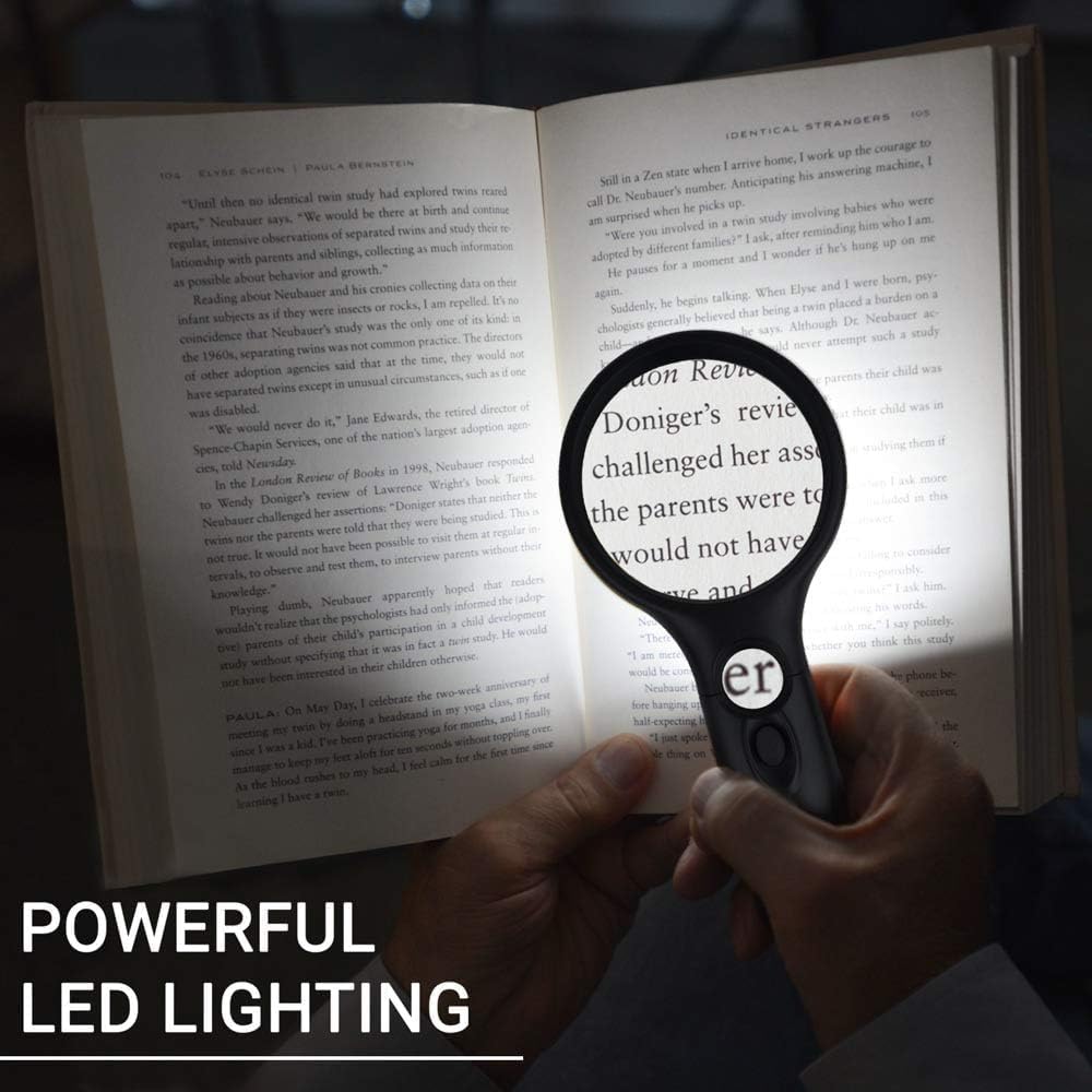 SeeZoom Magnifying Glass with Light, 3X Large Lens + 12X High Power Lens, Lighted Magnifying Glass Handheld Reading Magnifier for Seniors, Small Print