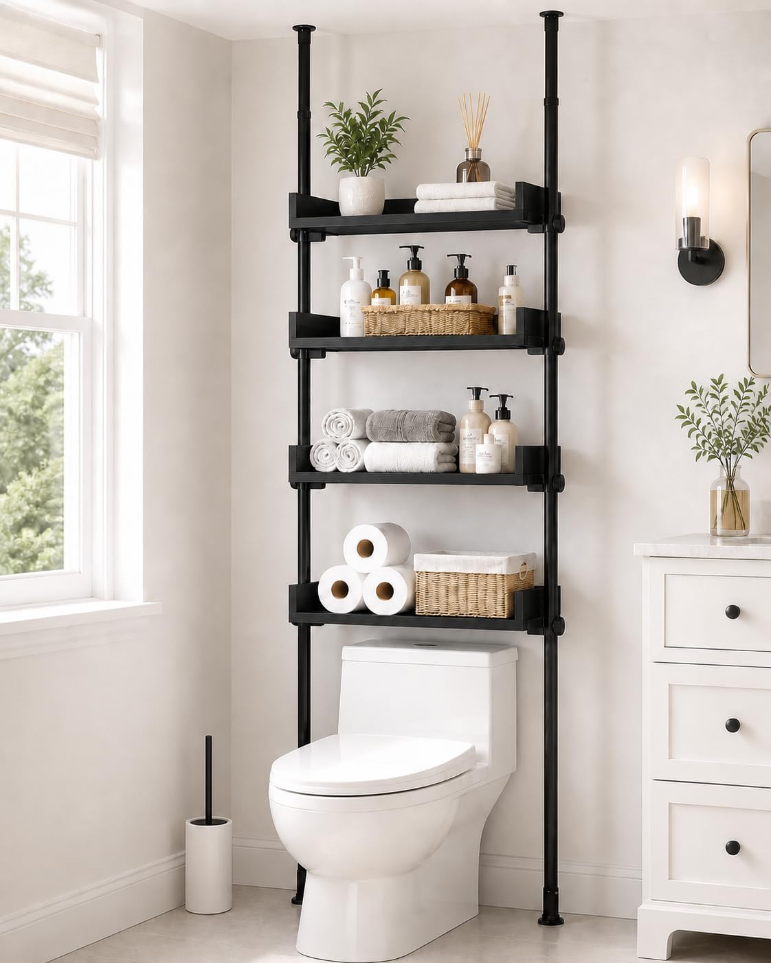 ALLZONE Bathroom Organizer, Over The Toilet Storage, 4-Tier Adjustable Wood Shelves for Small Rooms, Saver Space Rack, 92 to 116 Inch Tall