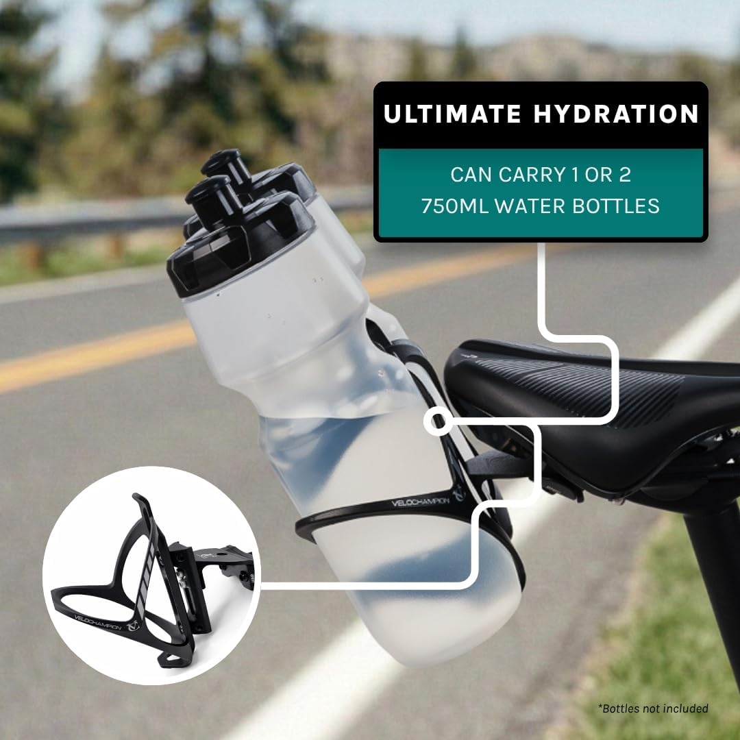 VeloChampion Universal Bike Water Bottle Holder Mount & 2 Cages, Standard | Rear Bike Saddle Bottle Cage Mount for Triathlon & Road Cycling. Holds 2 Bottles up to 750ml, Fits Saddle Rails 50-80mm