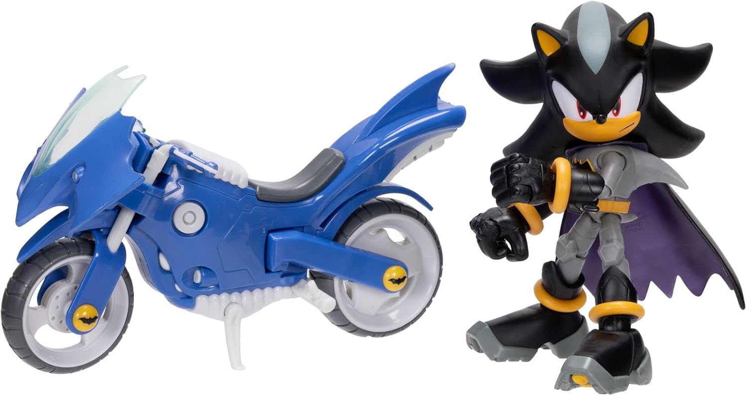 Sonic The Hedgehog DC x Sonic Shadow as Batman & Batcycle Action Figure Set, 5"/13cm, 22 Points of Articulation, Moving Wheels, Working Kickstand