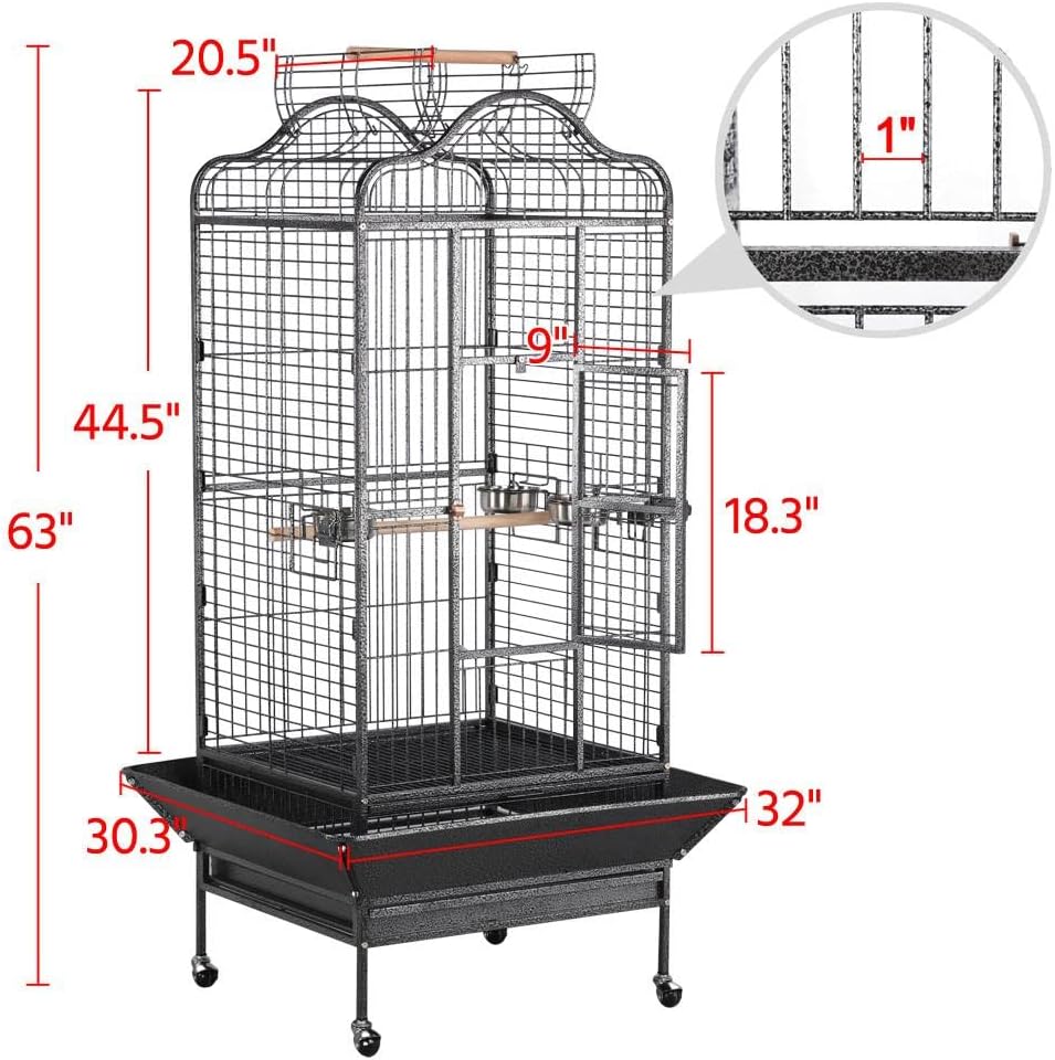 Yaheetech 63'' Bird Cage with Stand Wrought Iron Rolling Open Play Top Large Bird Cage for Mini Macaw African Grey Amazon Parrot