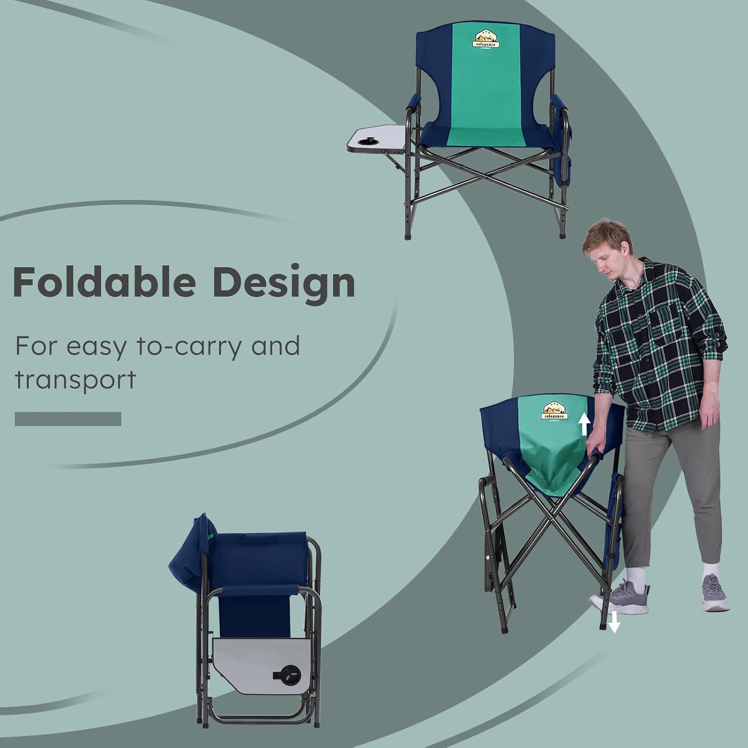 Colegence Oversized Directors Camping Chair for Adults, 600 lb, Black | Heavy duty folding outdoor chair with 28" wide seat, supportive back, side table, cup holder and detachable storage pocket
