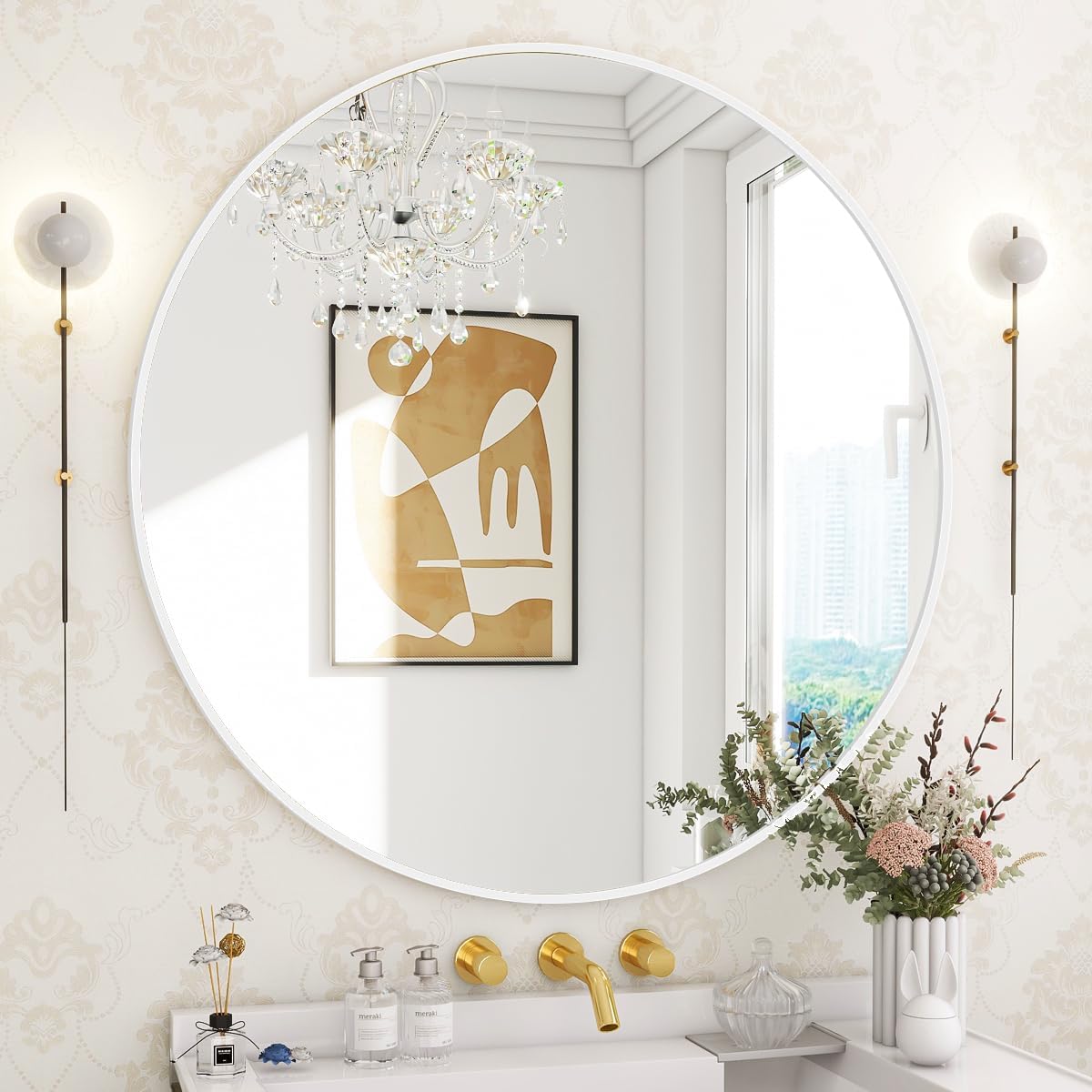 BEAUTYPEAK 24 Inch Round Mirror, Metal Frame Circle Mirror, White