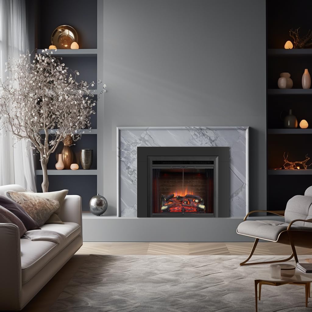PuraFlame Klaus Electric Fireplace Insert with Fire Crackling Sound, Glass Door and Mesh Screen, 750/1500W, Black, 29 15/16 Inches Wide