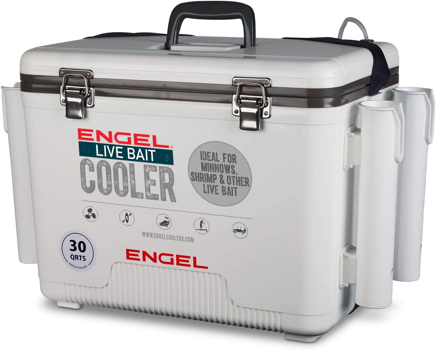 Engel 30qt Live Bait Cooler Box with 2nd Gen 2-Speed Portable Aerator Pump and 4 x Fishing Rod Holder Attachments. Fishing Bait Station and Minnow