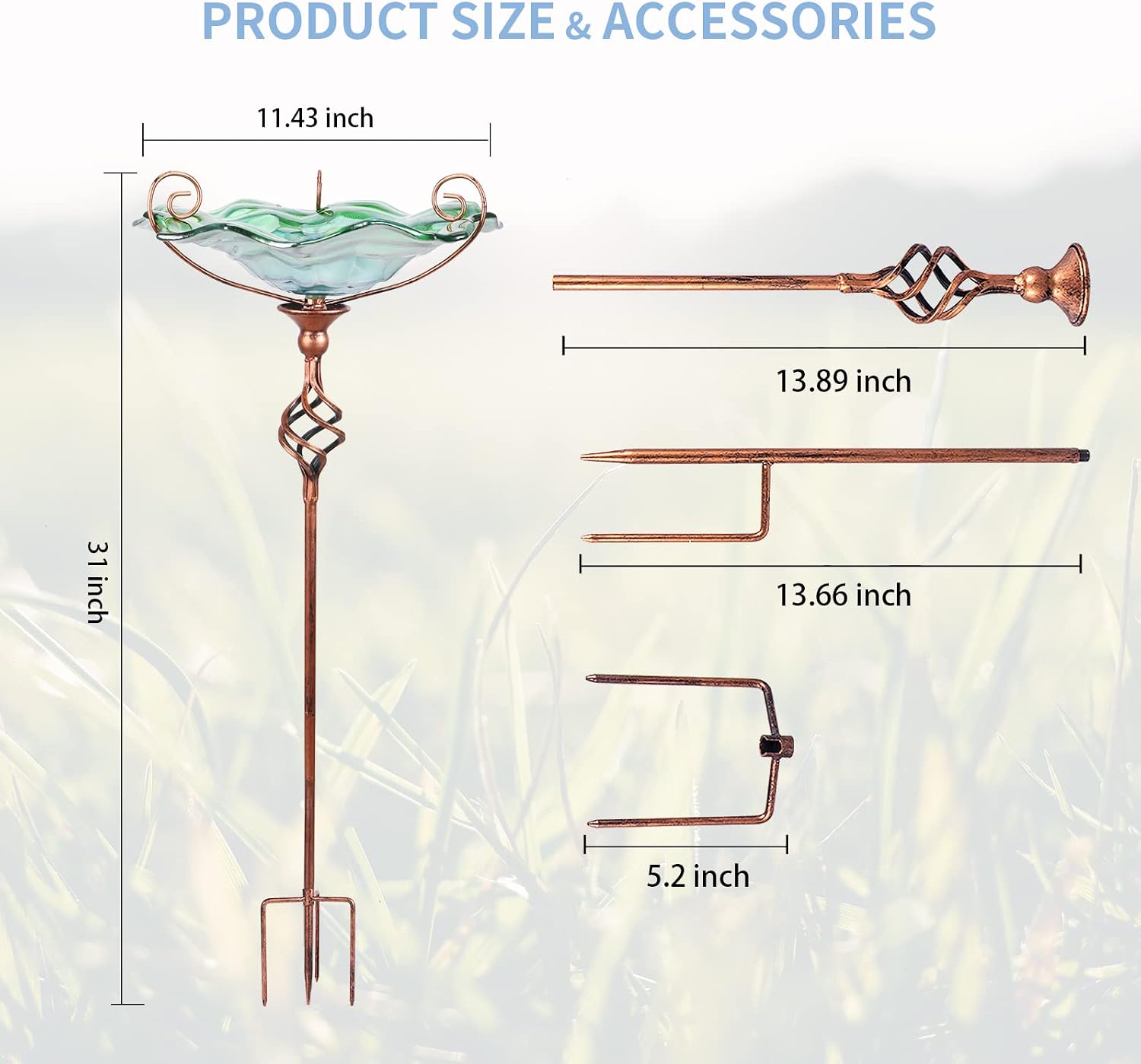 VCUTEKA Glass Bird Bath Outdoor Birdfeeder with Metal Stake Garden Decor