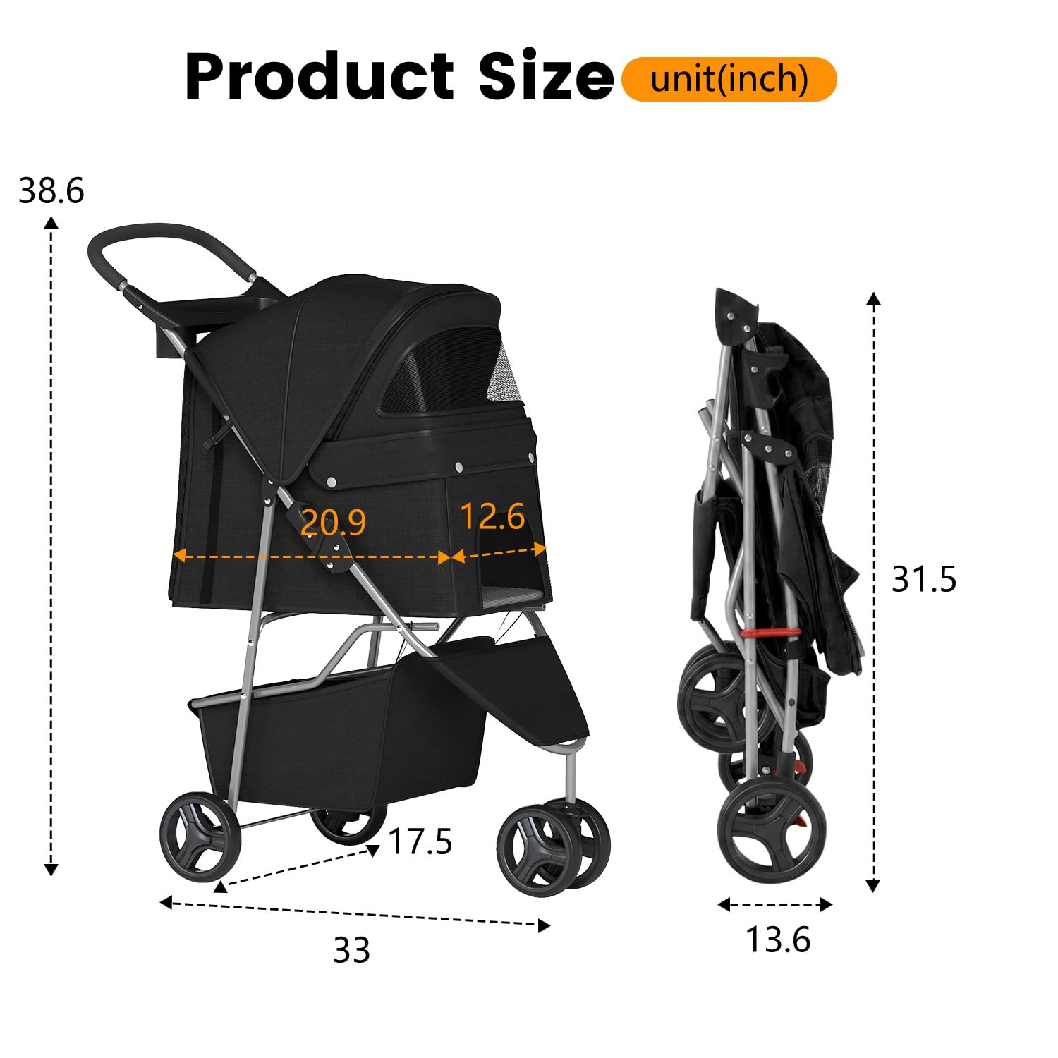 BestPet | 3-Wheel Pet Stroller | Dog and Cat Stroller | Breathable Mesh | Lightweight Travel Carrier | Waterproof & Foldable Design | Storage Basket | Black | for Daily Walks & Outdoor Use | Breathable Mesh | Lightweight, Waterproof Travel Carrier with C…