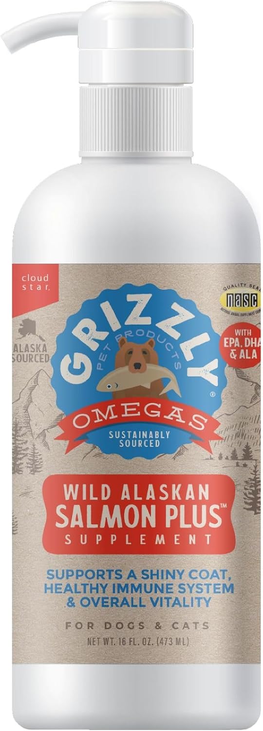 Grizzly Wild Alaskan Salmon Oil Dog Food Supplement Omega 3 Fatty Acids, 16 oz