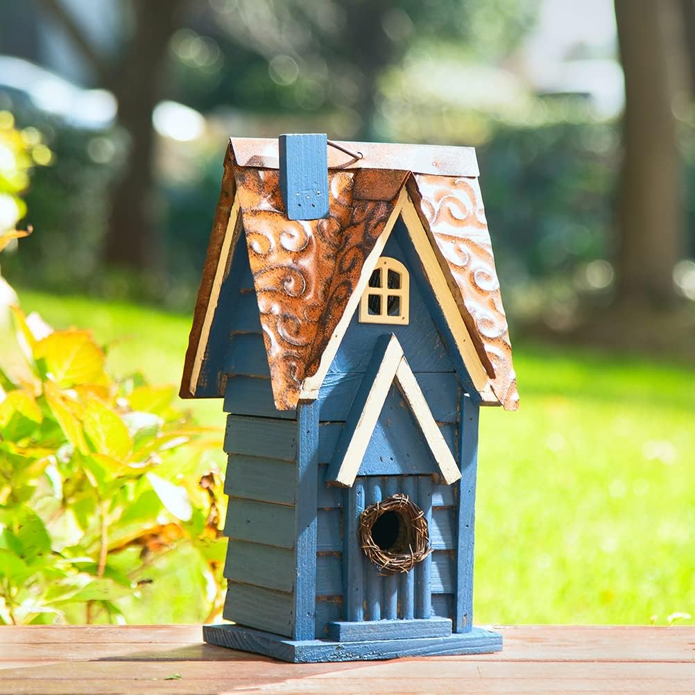 Glitzhome 12" H Green Hanging Distressed Solid Wood Garden Bird House Decorative Birdhouse