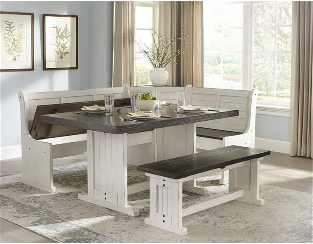 Carriage House Wood Breakfast Nook Set, Off White and Dark Brown Finish, Mahogany Base, Hidden Storage Benches, Reversible Design