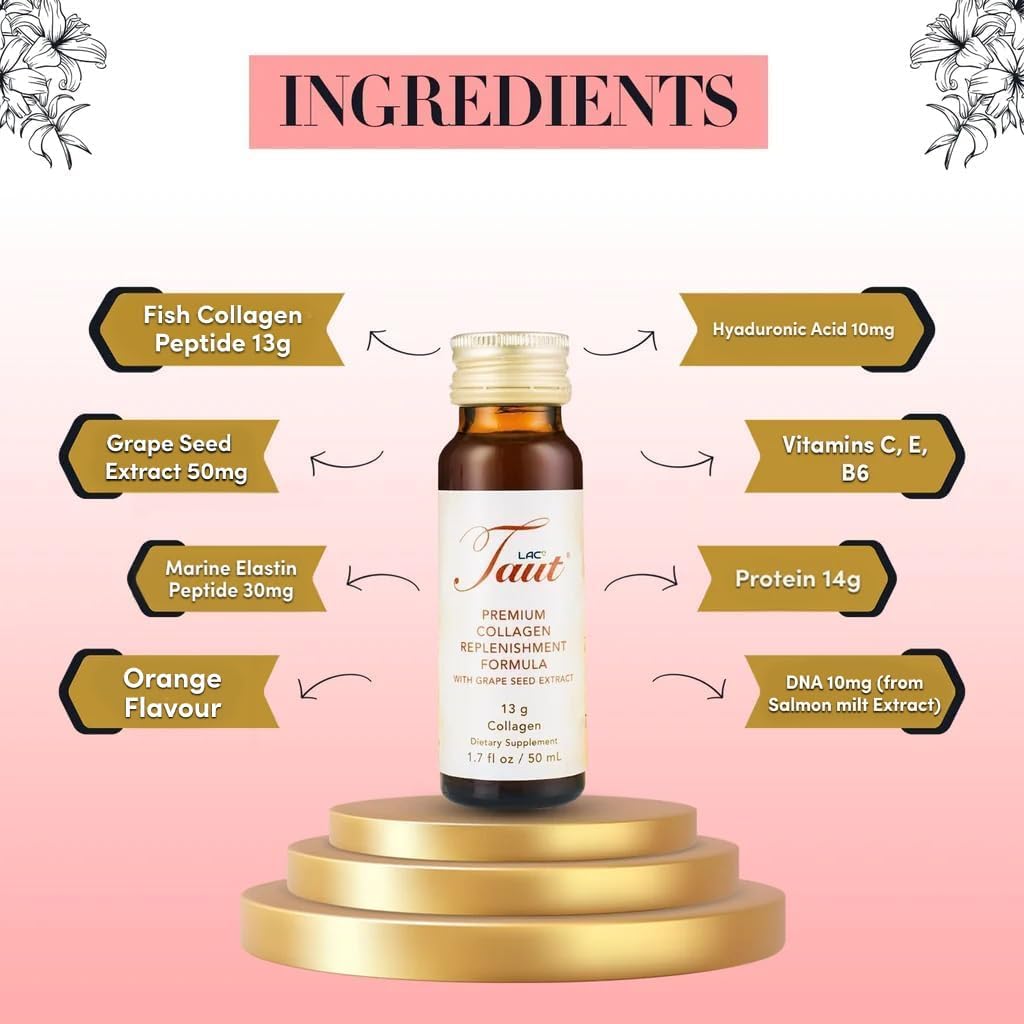 TAUT Liquid Collagen for Women – 13,000mg Marine Collagen Drink with Hyaluronic Acid, Grape Seed & Elastin – Visible Skin, Hair & Joint Support – 1 Box (8 Bottles Each)