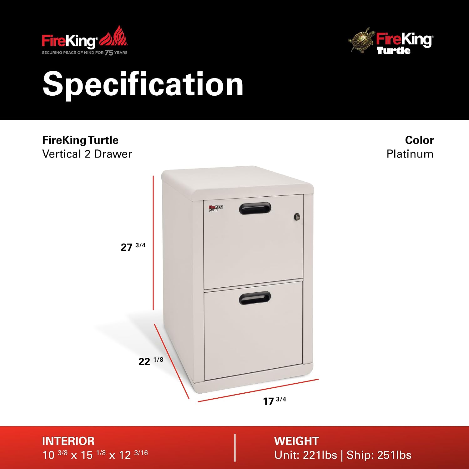 FireKing Turtle Vertical 2 Drawer Fire Rated File Cabinet, Black | 1 Hour Fire Rated Filing Cabinet - UL Class 350 - Water Resistant - Key Lock - Made in USA