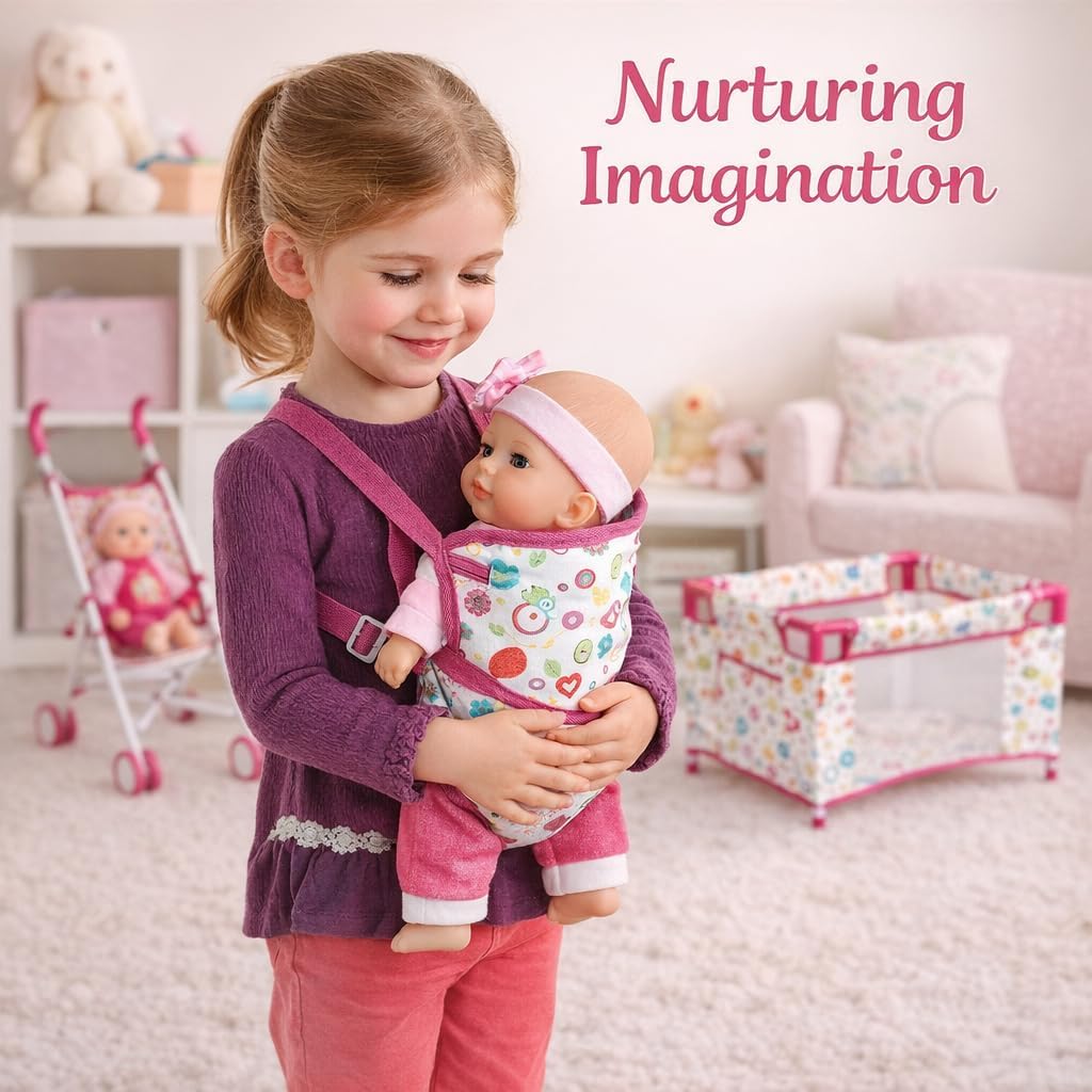 Liberty Imports 5-in-1 Baby Doll Stroller Playset with Doll Included, Foldable Stroller, Playard Playpen, Activity Play Mat, Baby Carrier & Travel Bag