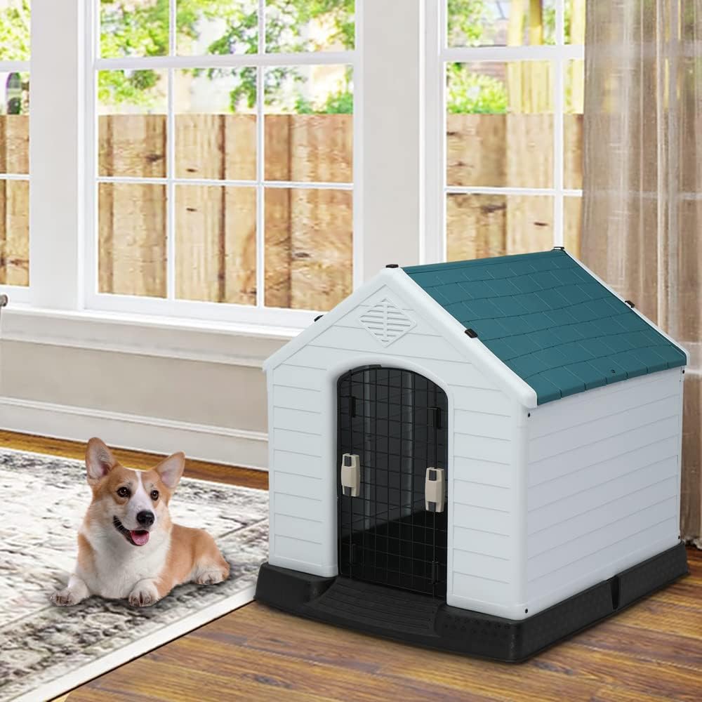Bonnlo Plastic Dog House, 33" Pet Dog Kennel with Door Water Resistant for Small Medium Sized Dogs, Indoor & Outdoor Use (32.7" H)