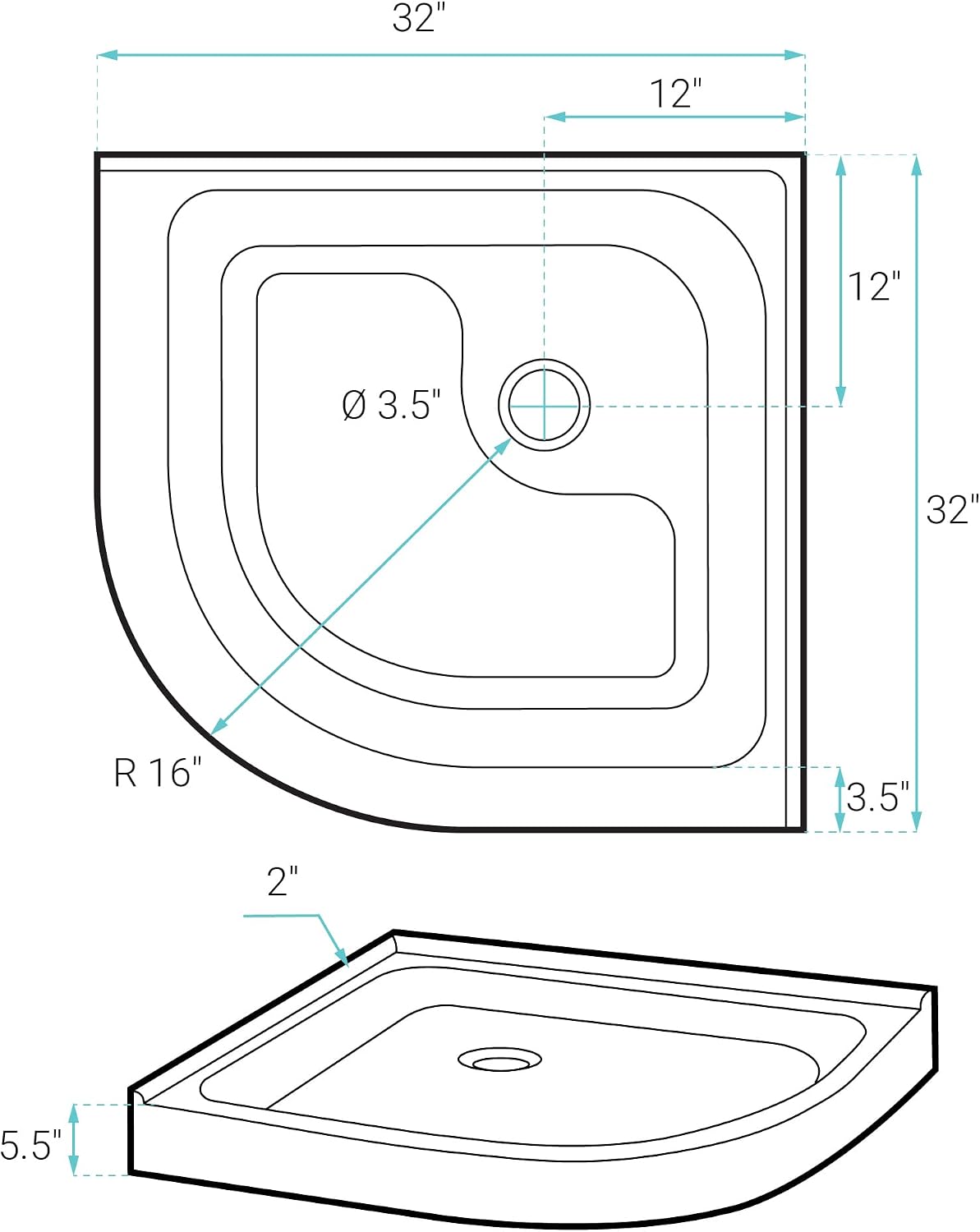 Voltaire 32" x 32" Acrylic White, Single-Threshold, Center Drain, Neo-angle Shower Base