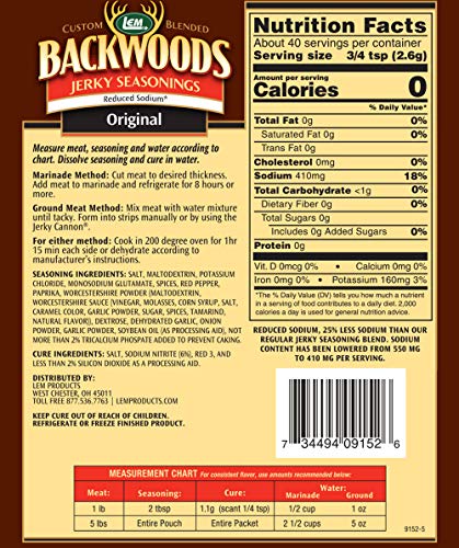 LEM Products Backwoods Reduced Sodium Original Jerky Seasoning, 3.6 oz
