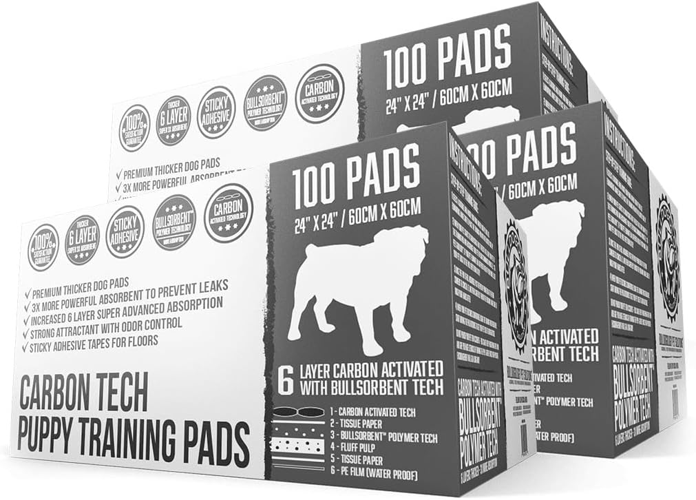 Bulldoglogy 50-Count Carbon Black Dog Pads Puppy Training Pads with Adhesive Tape 24x24 - Large Charcoal Puppy Pads Dog Training Wee Pads, Odor Control Thick Pee Pads for Dogs Extra Quick Dry