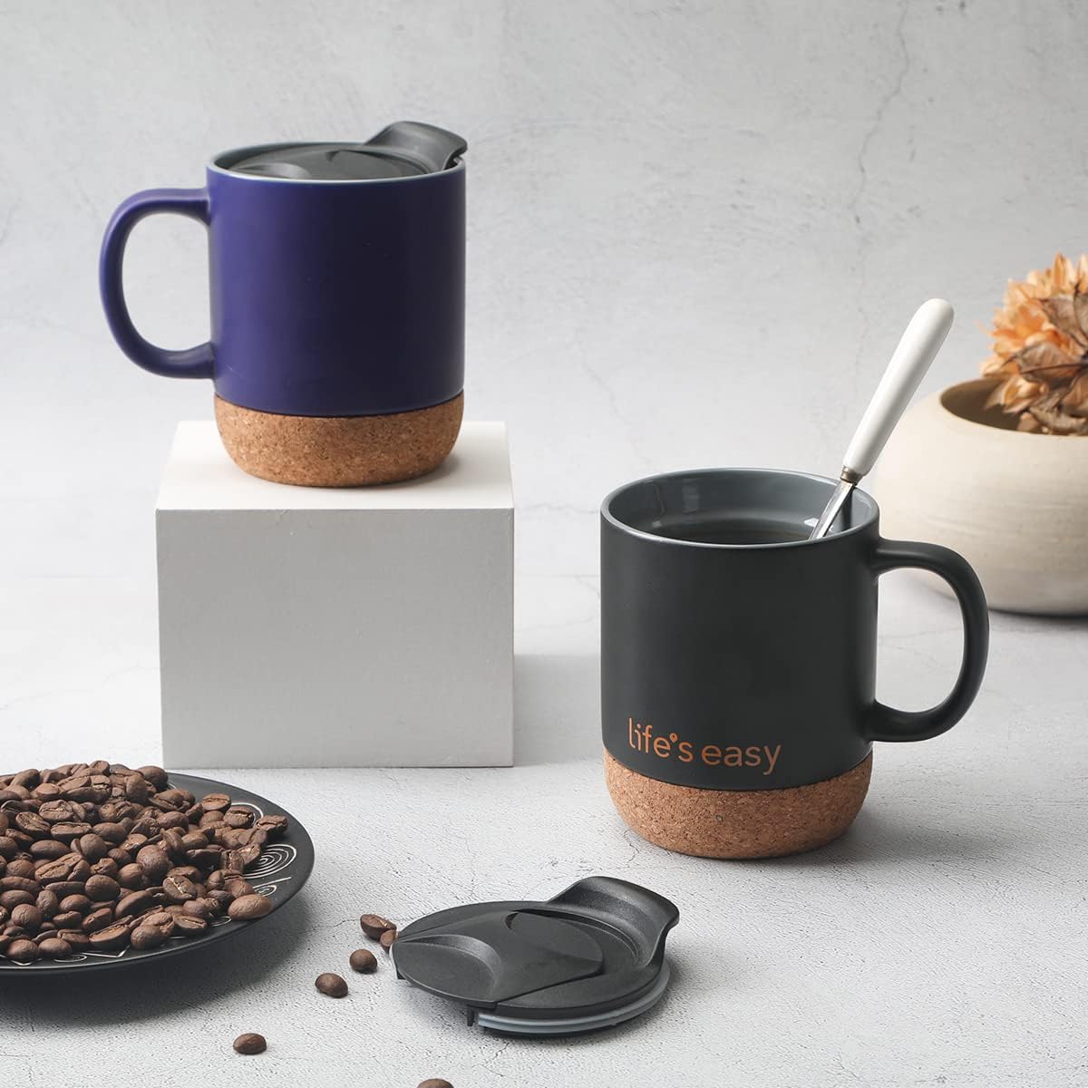 Life's Easy 12 oz Coffee Mug with Insulated Cork Bottom and Push-On Splash-Proof Lid - Black