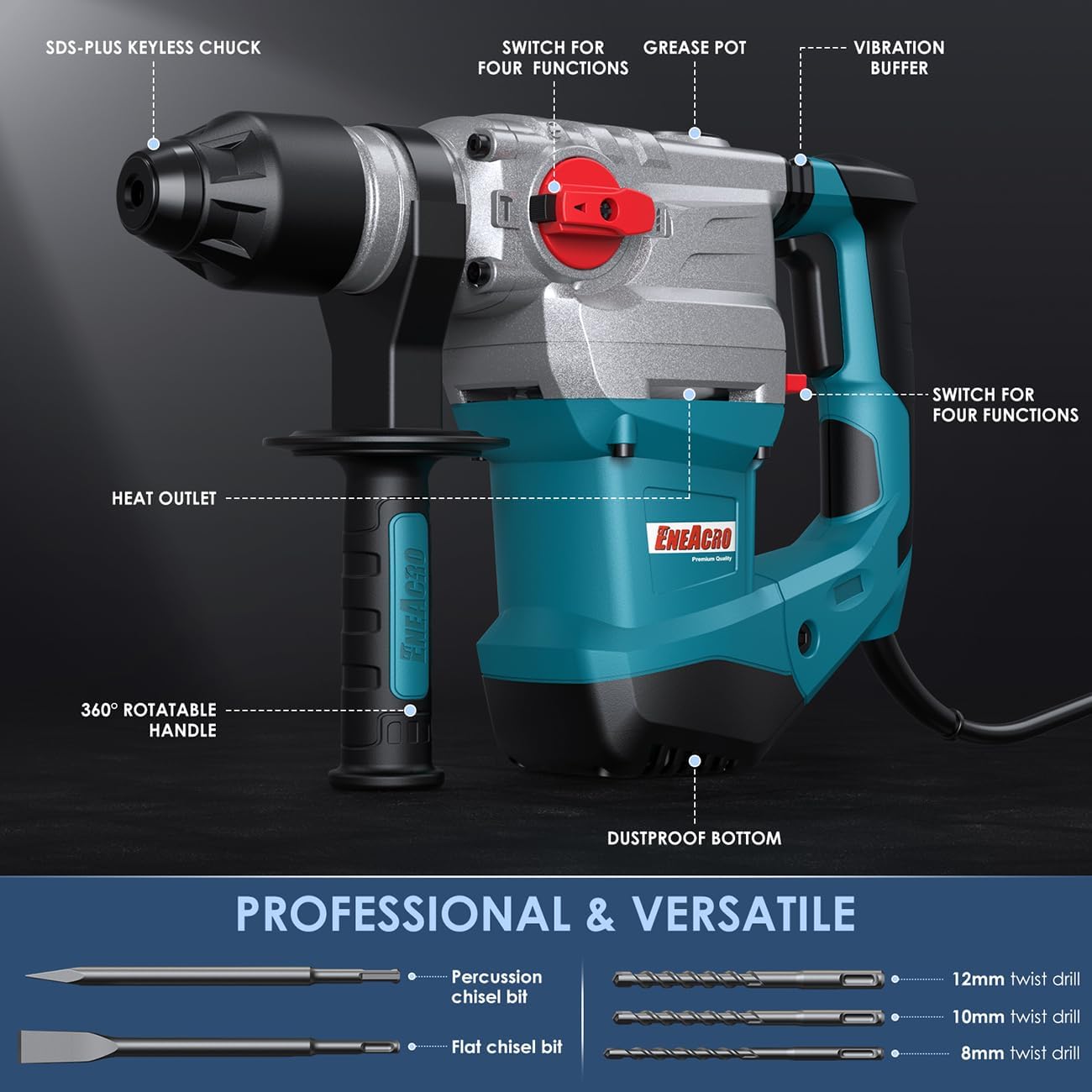 ENEACRO 1-1/4 Inch SDS-Plus 13 Amp Heavy Duty Rotary Hammer Drill | Safety Clutch, 4 Functions, Vibration Control, Includes Grease