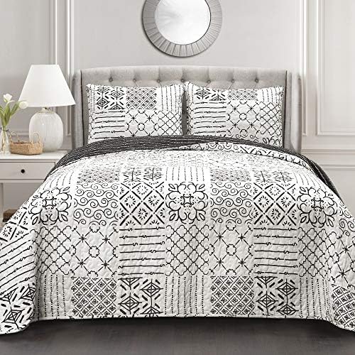 Lush Decor Monique 3 Piece Reversible Print Pattern Blue Quilt Set - Full Queen