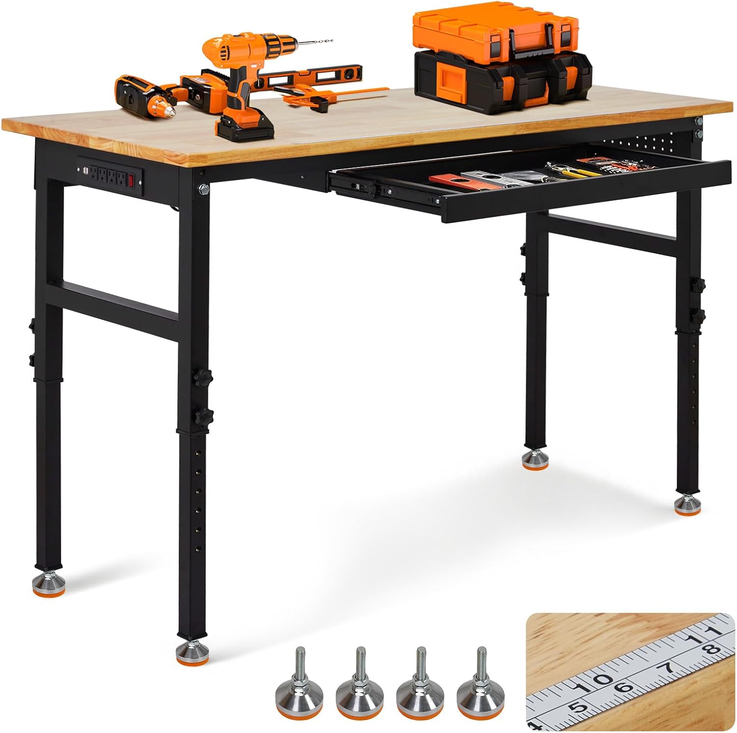 48" Adjustable Workbench, 8-Level Height Adjustable Rolling Work Table with Casters & Scale, Sit & Stand 2-in-1 Garage Tool Table with Pegboard & Hooks, for Workshop, Warehouse, DIY Projects
