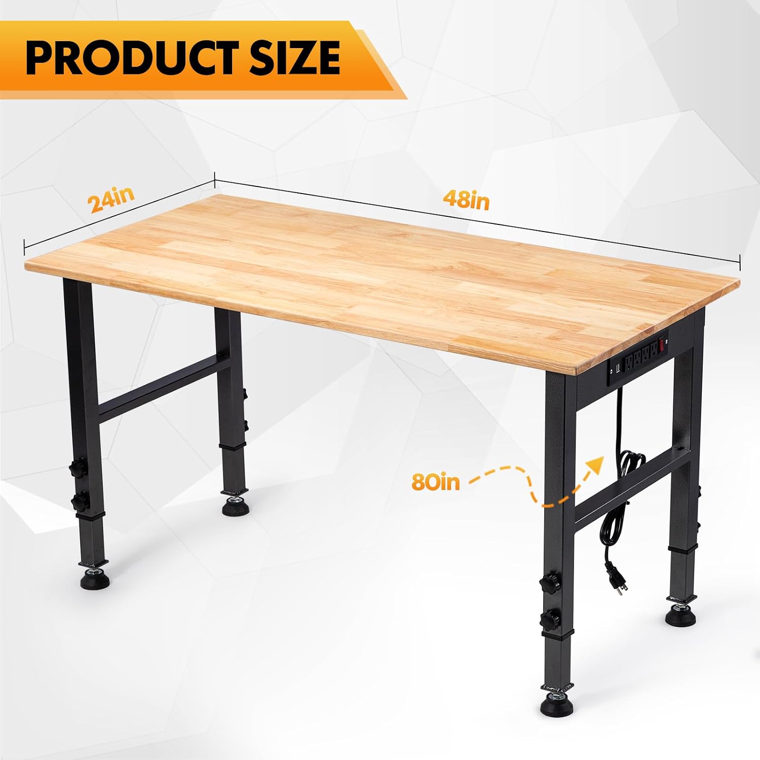 48" Adjustable Workbench, Work Table with Wheels and Power Outlet | 2000LBS Load Capacity Rubber Wood Top Workstation, Heavy-Duty Craft Table for Garage Workshop