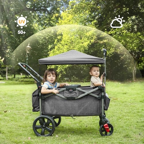 EVER ADVANCED Foldable Wagons for Two Kids & Cargo, Collapsible Folding Stroller with Adjustable Handle Bar,Removable Canopy with 5-Point Harness Gray