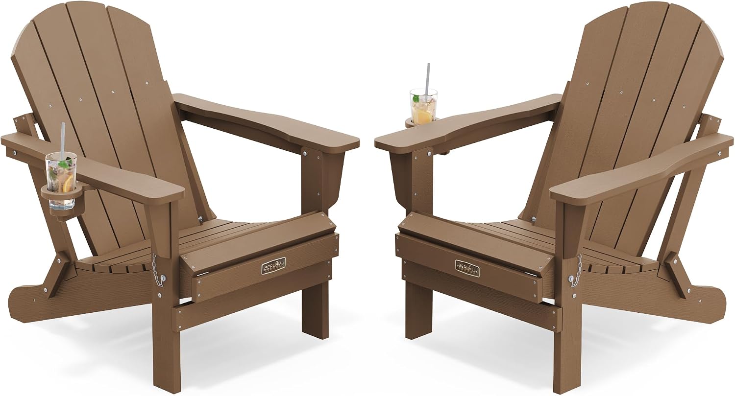 SERWALL Folding Adirondack Chairs with Cup Holder, Outdoor Fire Pit - Blue