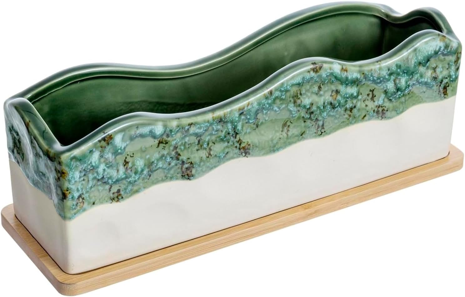 MyGift Beige Green Ceramic Glazed Rectangular Succulent Planter Pot