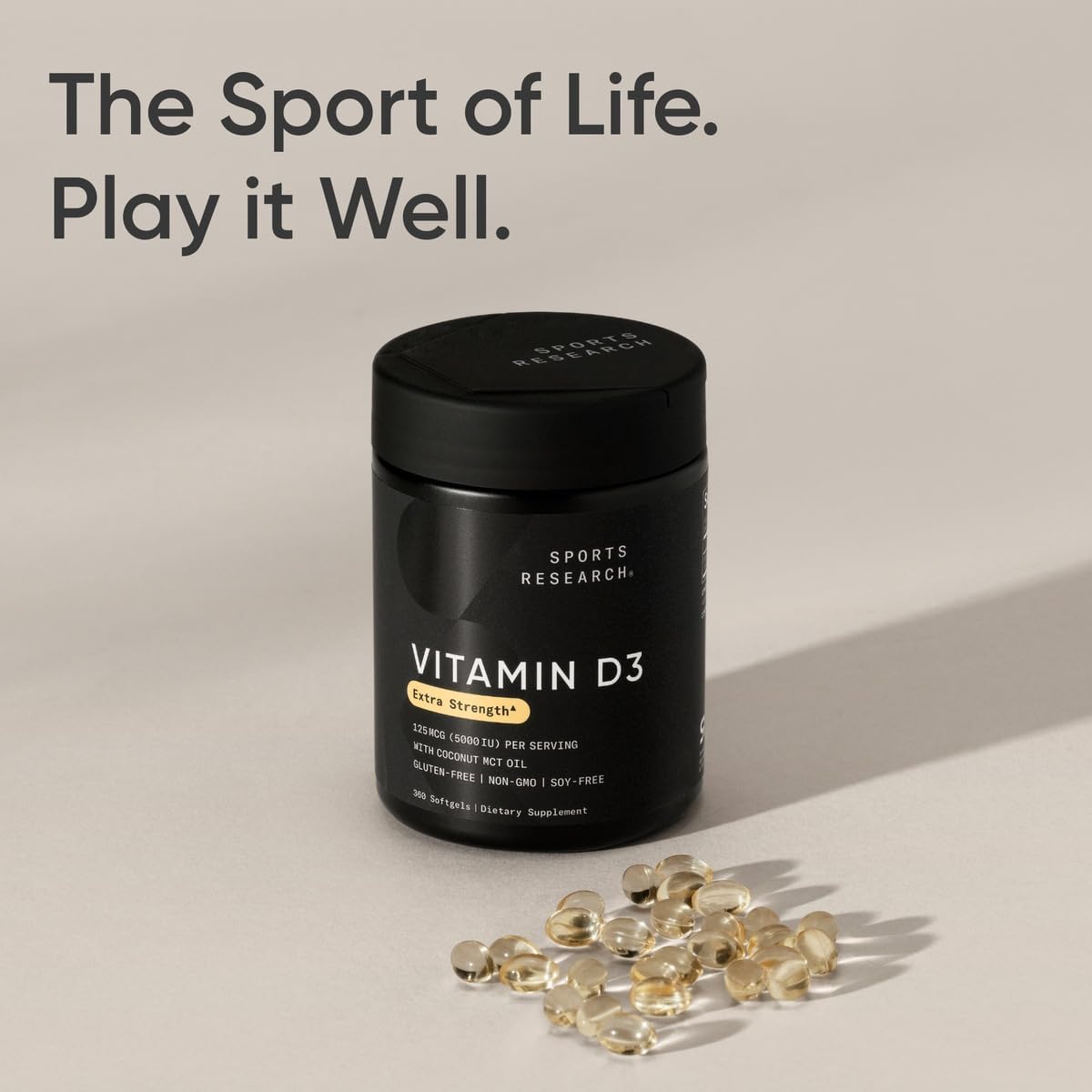 Sports Research® Vitamin D3 5000iu/125mcg with Coconut Oil, 360 Softgels | Extra Strength Vitamin D Supplement | Immune, Bone, Mood Support | Non-GMO, Soy Free - 360 Servings