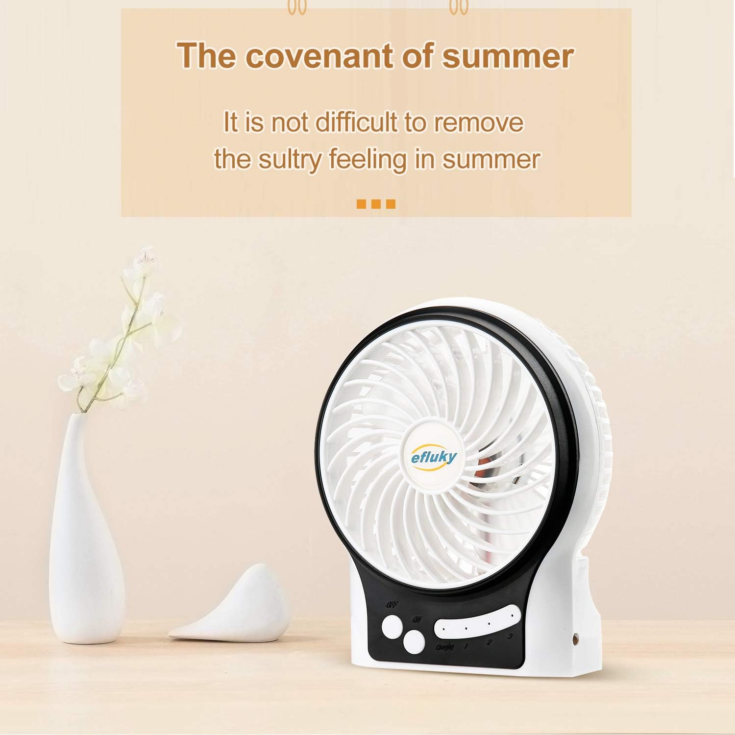 efluky 4.9-Inch Mini Desk Fan - 3 Speeds, Rechargeable Battery/USB Powered with LED Light, Quiet Portable Fan for Home, Office, Travel, Camping (Black)