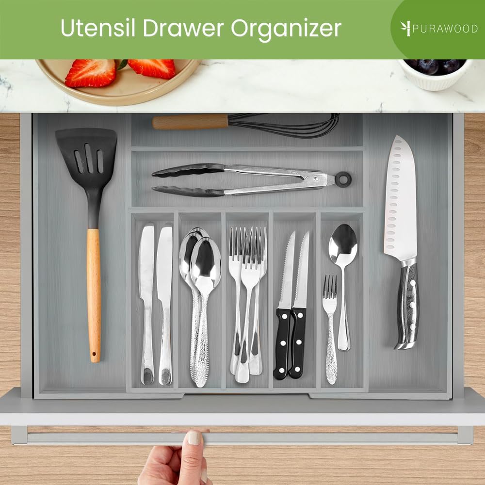 Purawood Kitchen Drawer Organizer - Expandable Utensil Drawer Organizer for Kitchen, Cutlery Tray & Silverware Organizer