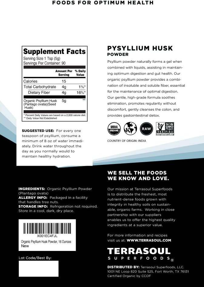 Terrasoul Superfoods Organic Psyllium Husk Powder, 1 Lb - Superfine Texture | 99% Purity | Perfect for Gluten-Free Baking | No Purple Breads