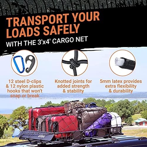 Cargo Net for Roof Rack - 22 x 38 Inch, Heavy-Duty, Mesh Square Bungee Netting with 12 Black Clips and Storage Bag - Holds Small and Large Loads