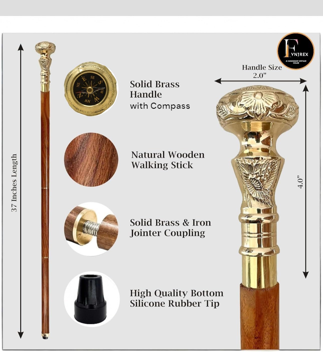FYNJREX Travelers Compass Gentleman's Walking Stick, Fancy Cane for Women, Brass Handle and Hardwood Cane, Fold able Wooden Canes, Gift Idea