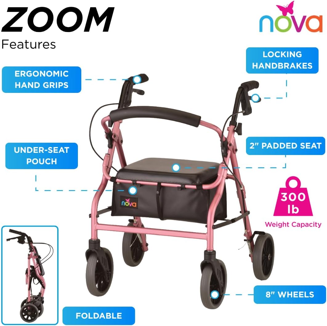 NOVA Zoom 22 Rollator Walker for Seniors, Rolling Walker with Locking Hand Brakes, Padded Seat & 8" Wheels, Lock N Load for Easy Transport & Storage, Adjustable Height 5'5"–6'1", Red