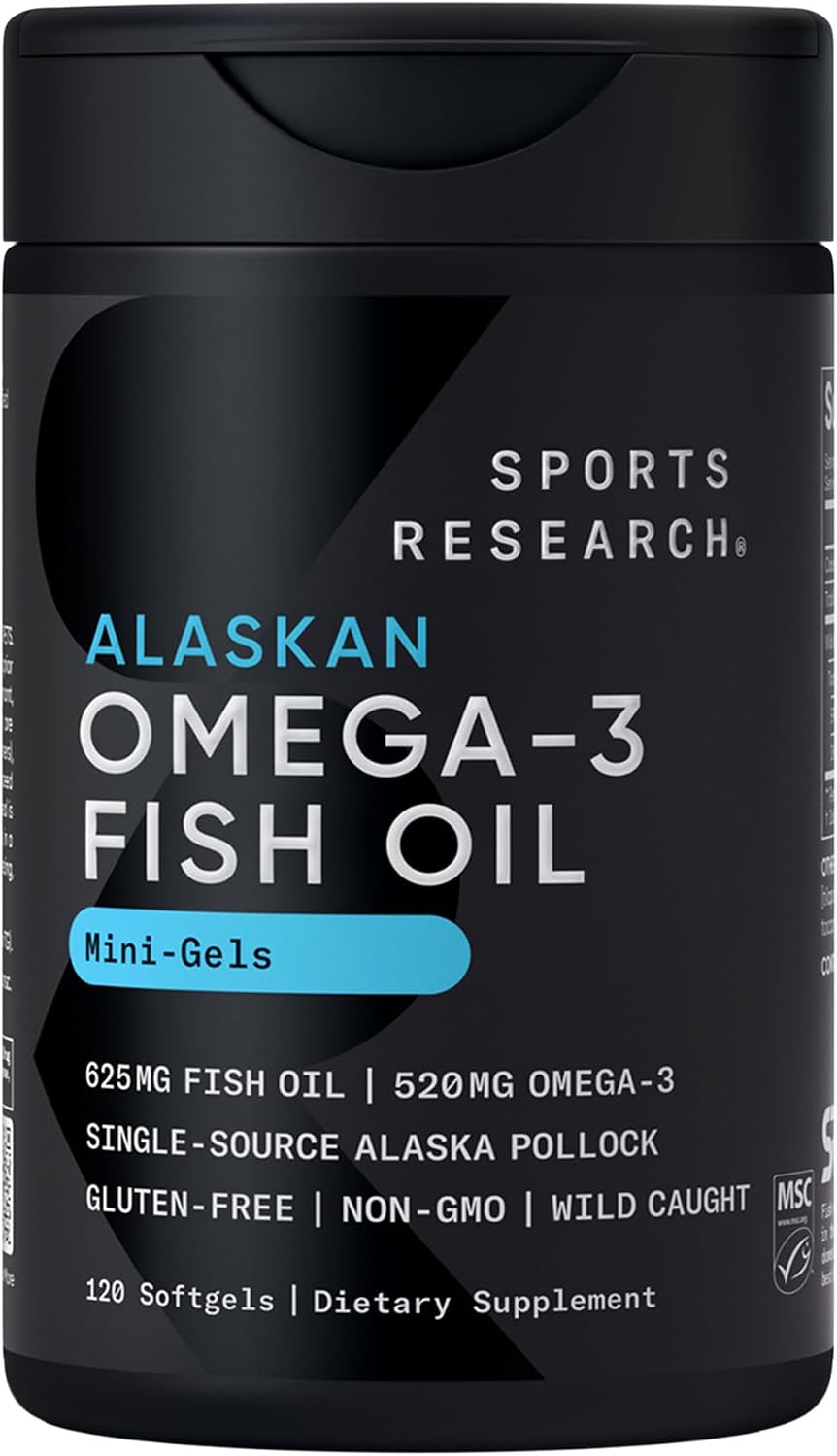 Sports Research® Omega-3 Fish Oil 1250mg from Wild Alaska Pollock,180 Count | Always Fresh Never Fishy | 690mg EPA 260mg DHA per Softgel · Heart & Brain Health* · MSC Certified Sustainable - 180 Servings
