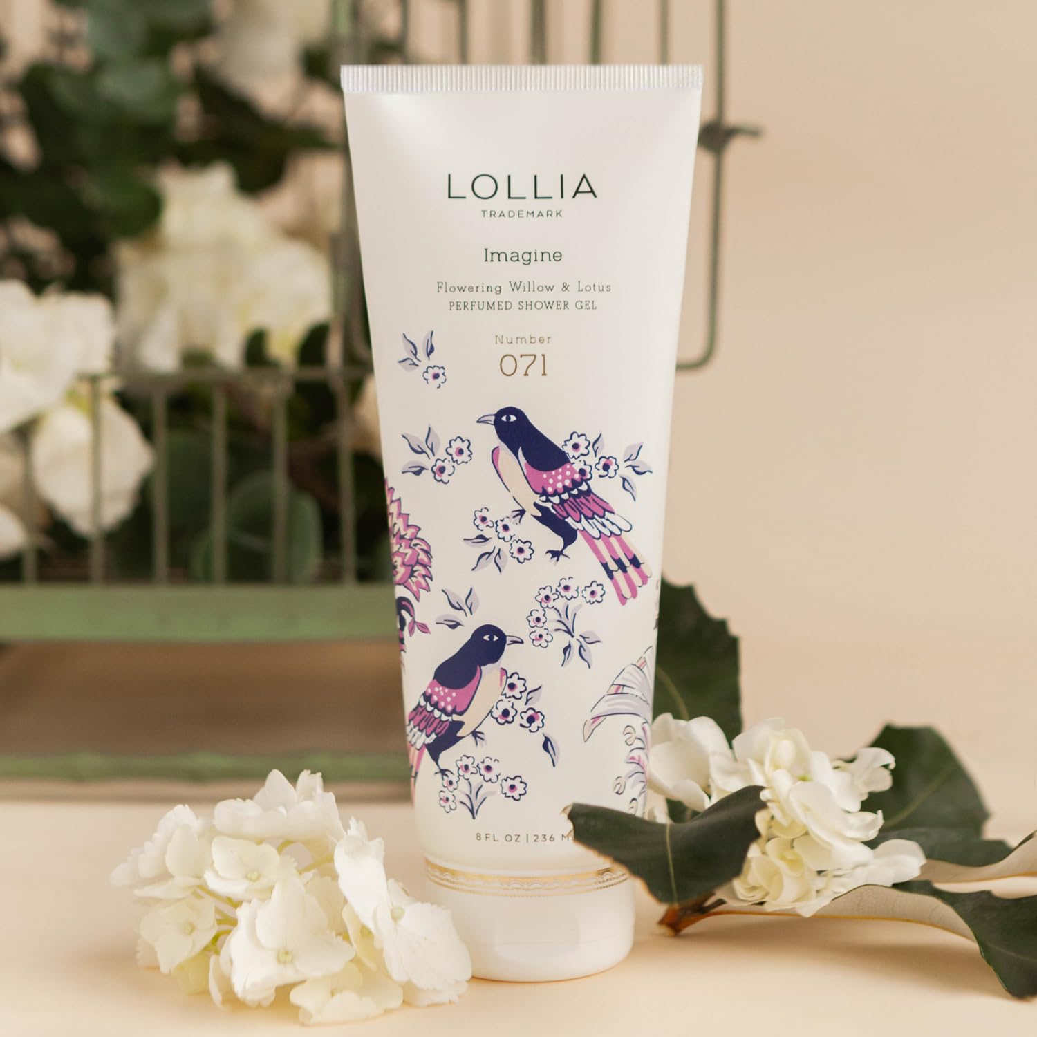 LOLLIA Wish Shower Gel, 8 fl oz, Vanilla Bean, Rice Flower, Jasmine Leaves, & Sugar Cane, Luxury Shea Moisture Hydrating Women's Body Wash, Delicate & Relaxing Scented Bath Soap for Self Care