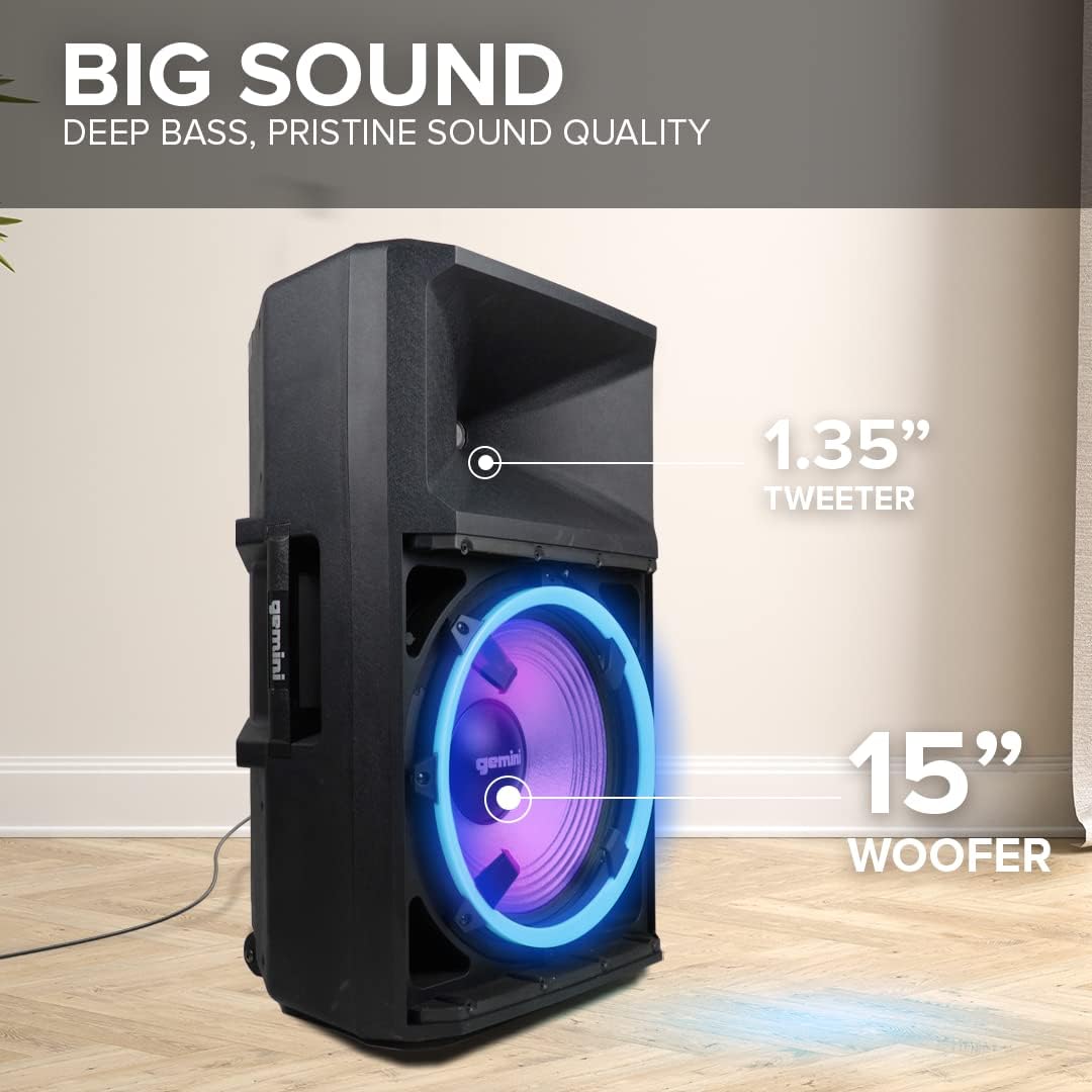 Gemini 15" Bluetooth PA Speaker, 1800 Watts, 3-Ch Mixer (GSP-2200)