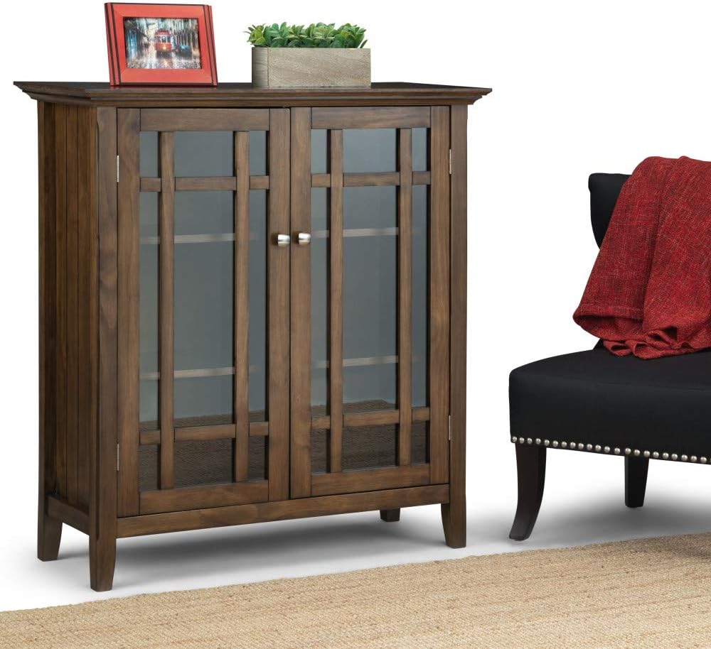 SIMPLIHOME Bedford 62" Wide Solid Wood Sideboard in Brunette Brown | Transitional low media console with glass doors and storage shelves for the living room, entryway or dining room.