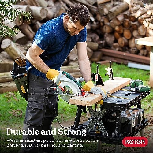 Keter Heavy-Duty Folding Workbench with 1,000 Pound Capacity | Foldable Work Table with 12 Inch Adjustable Clamps for Garage and Outdoor Workshop, Home Improvement, and Construction