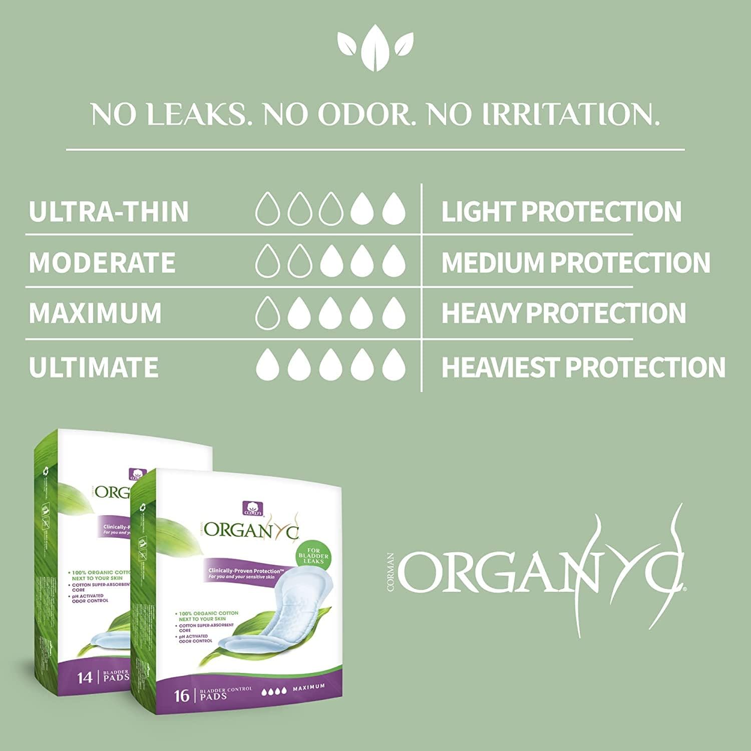 Organyc – 100% Organic Cotton Light Incontinence Pads for Bladder Leaks (Maximum, 16 Count(1 Pack))