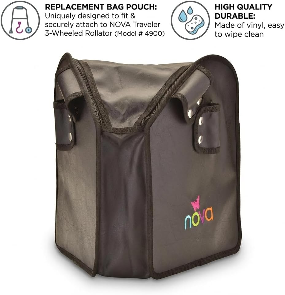 NOVA Medical Products Pouch Bag for 3 Wheeled Rollator Walker – Replacement Storage Tote & Organizer for Three Wheel Mobility Aids, Zippered Closure