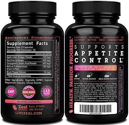 Zeal Apple Cider Vinegar Hunger & Metabolism Support - ACV Capsules - Garcinia Cambogia + w. CLA & Green Coffee Bean Green Tea, 90 Capsules