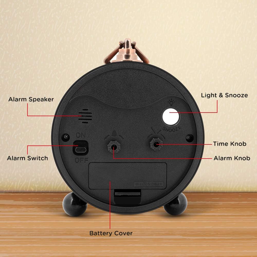 Peakeep 4" Small Battery Operated Analog Alarm Clock, Antique Retro Style